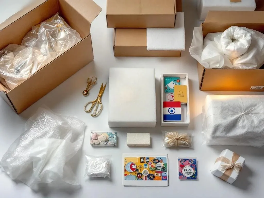 Souvenirs ingepakt met bubbeltjesfolie, zijdepapier en beschermende dozen op witte achtergrond