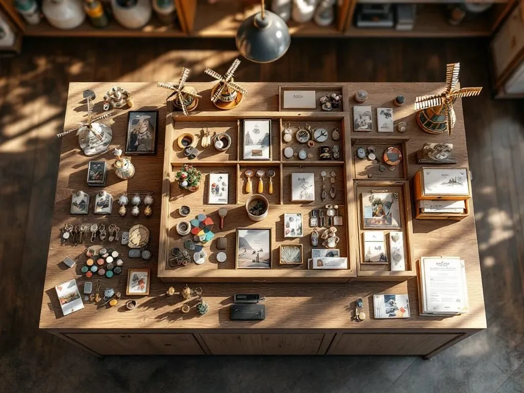 Bovenaanzicht van souvenirwinkel display met miniatuur windmolens, sleutelhangers en magneten op houten toonbank