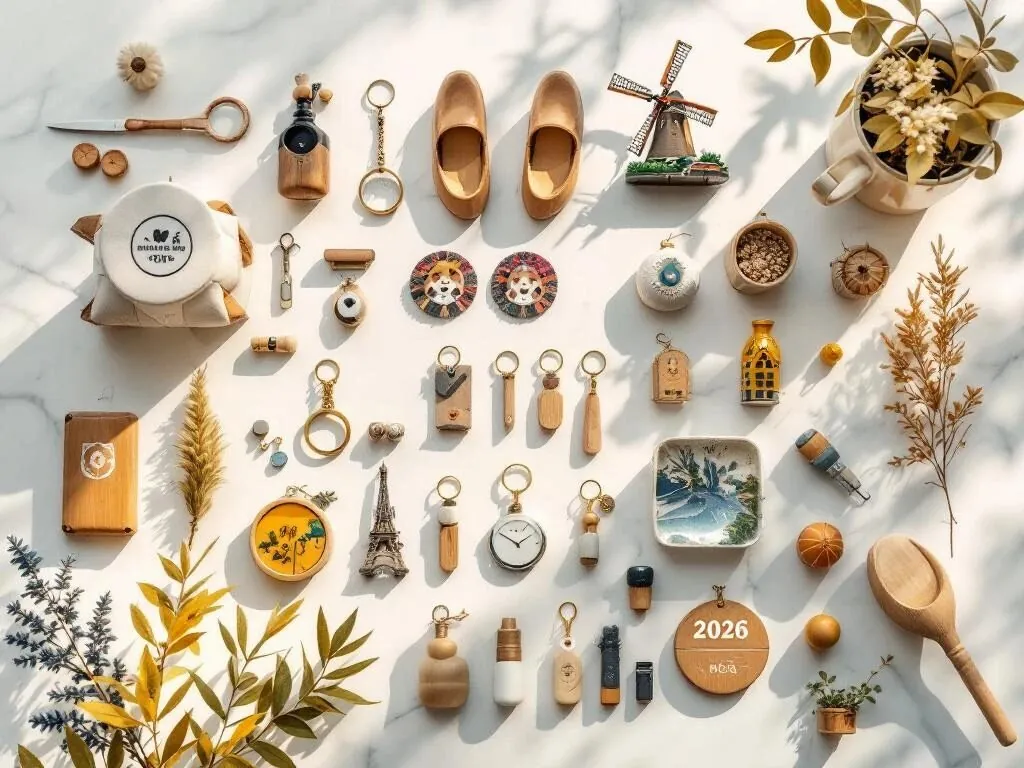 Moderne 2026 souvenirs op wit marmer: eco-vriendelijke bamboe sleutelhangers, gerecycled glas en Nederlandse klompen
