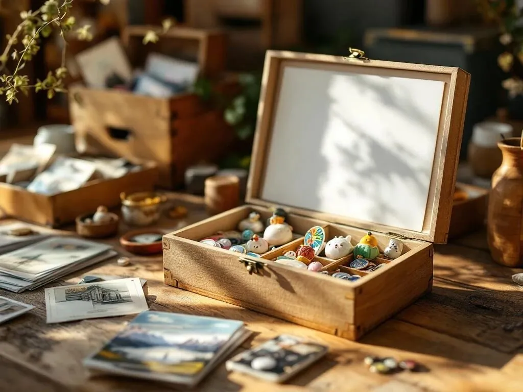 Verzameling souvenirs in bewaardozen en vitrines op houten tafel, inclusief ansichtkaarten, beeldjes en magneten