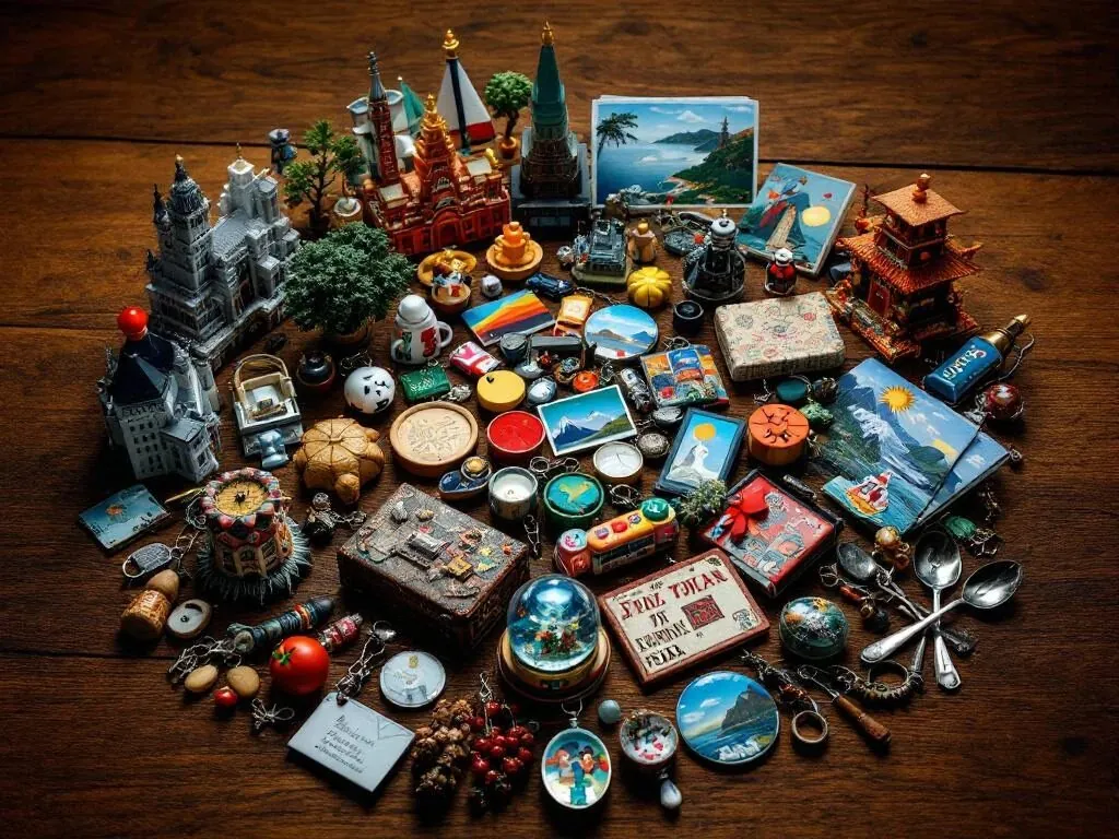 Diverse souvenirs van over de wereld gerangschikt in spiraalpatroon op houten oppervlak met studiobelichting