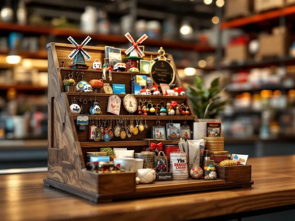 Houten displayrek met kleurrijke Nederlandse souvenirs zoals molentjes en sleutelhangers in groothandelsomgeving