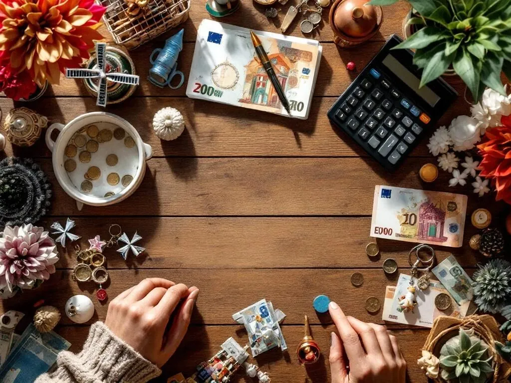 Houten tafel met kleurrijke souvenirs, eurobiljetten, munten en calculator voor groothandelskostenanalyse