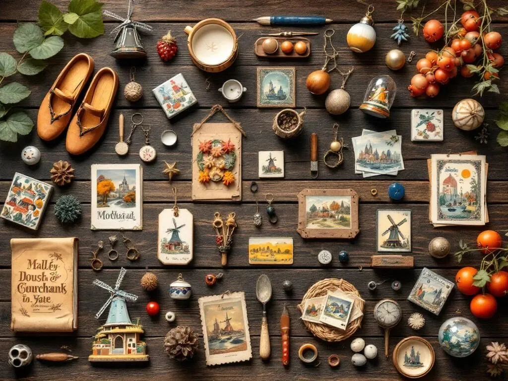 Nederlandse souvenirs plat gelegd op houten tafel: klompen, molentjes, tegels, ansichtkaarten en sleutelhangers