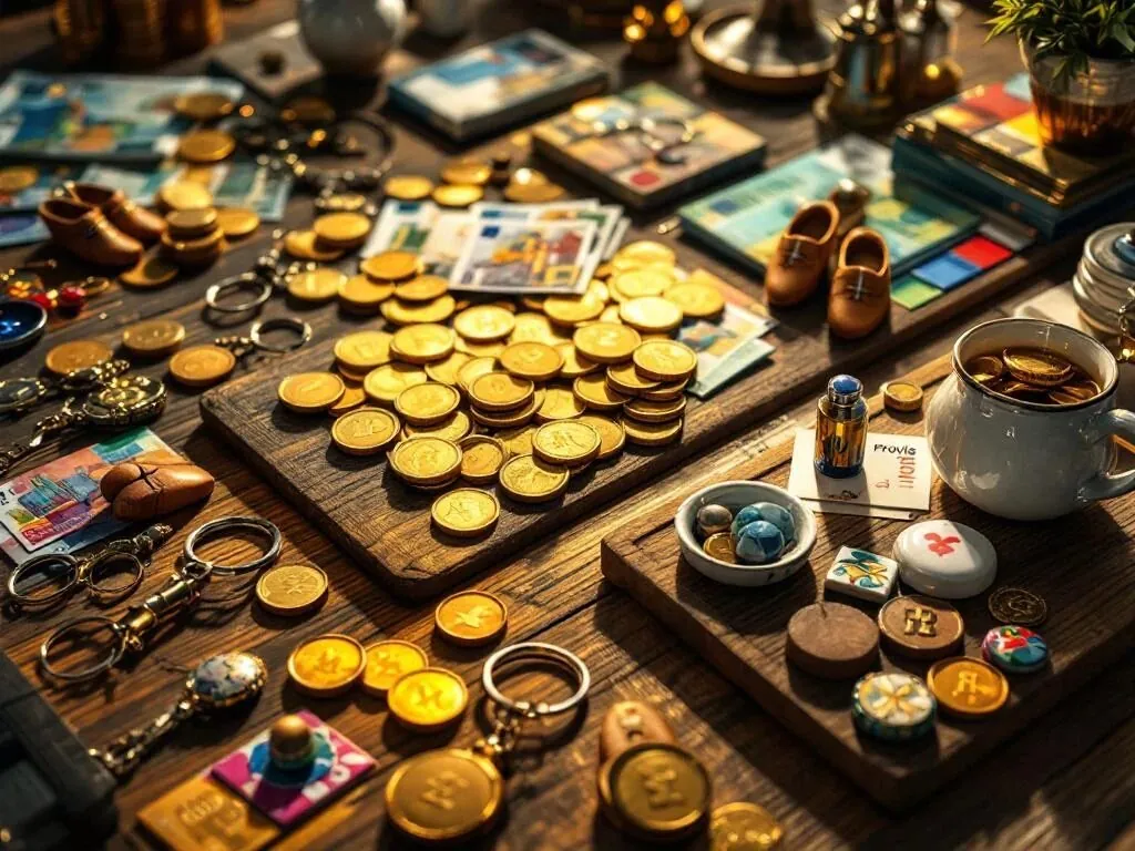 Houten tafel met winstgevende souvenirs: sleutelhangers, ansichtkaarten, klompen, tegels en magneten met euromunten