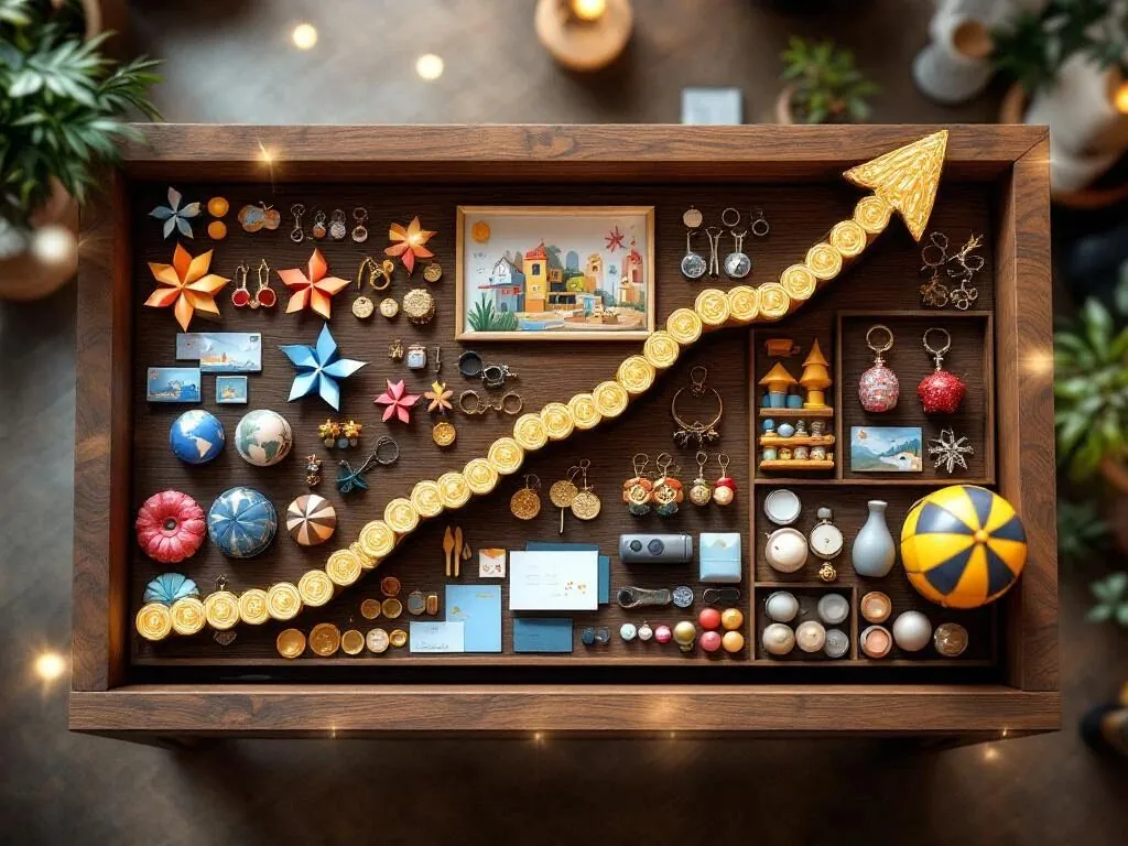 Houten displaytafel met kleurrijke souvenirs zoals windmolentjes, sleutelhangers en magneten, met gouden munten pijl