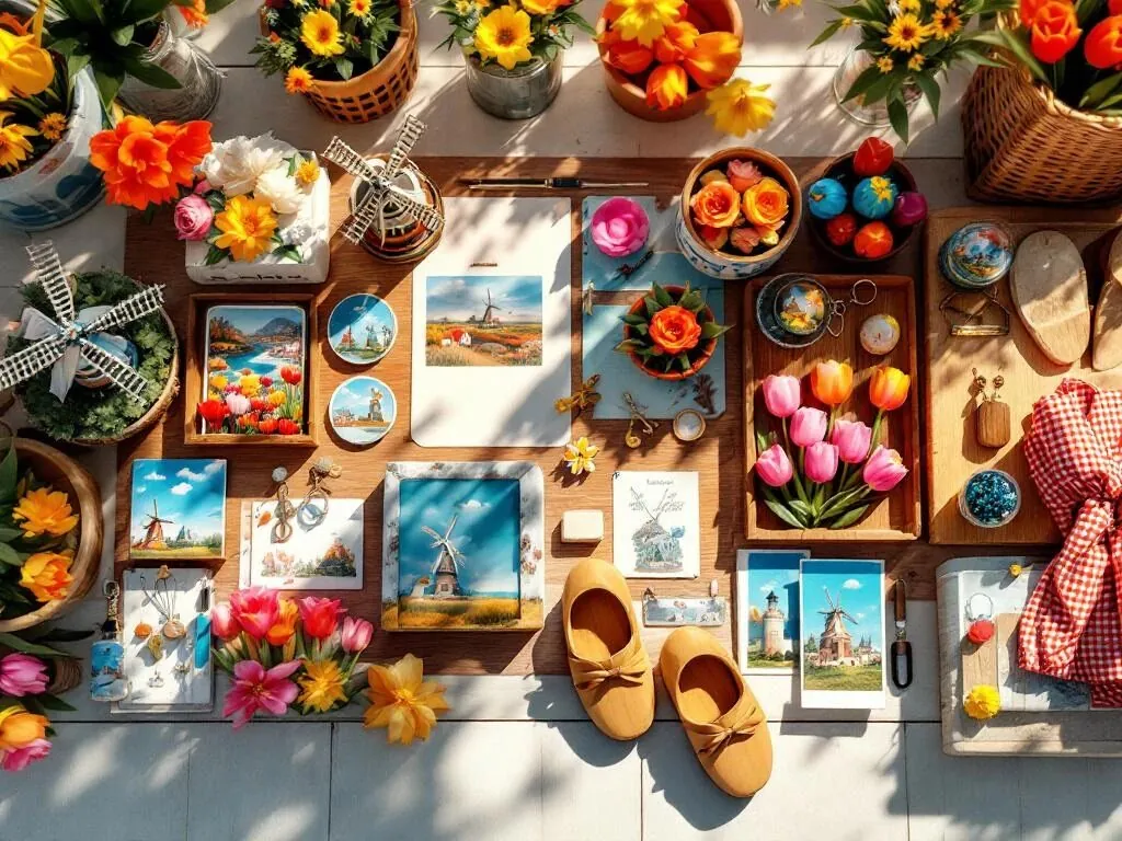 Houten tafel met Nederlandse souvenirs: miniatuur molens, tulpen, klompen, ansichtkaarten en sneeuwbollen van bovenaf