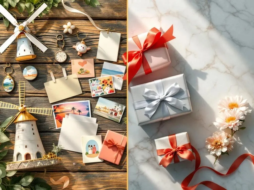 Vergelijking souvenirs versus cadeaus: toeristische items links, elegante verpakte geschenken rechts op marmeren oppervlak