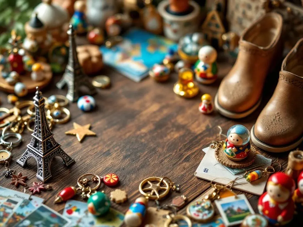 Verzameling populaire souvenirs zoals Eiffeltoren, klompen, ansichtkaarten en sneeuwbollen op houten ondergrond