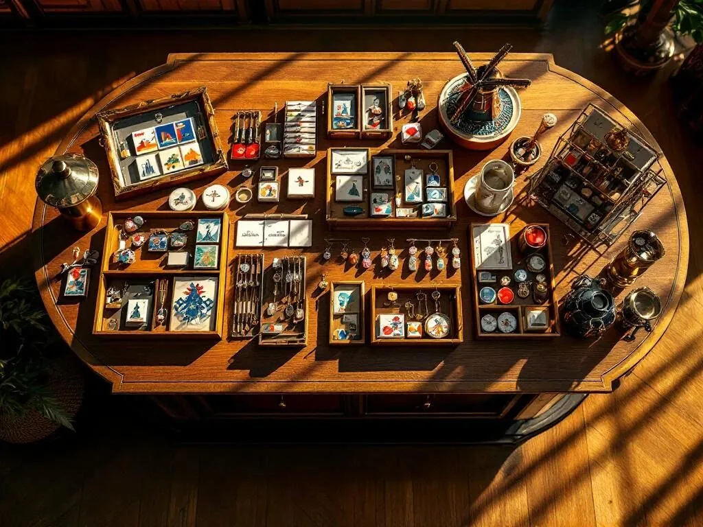 Houten displaytafel met Nederlandse souvenirs: windmolentjes, tegeltjes en sleutelhangers in georganiseerde secties
