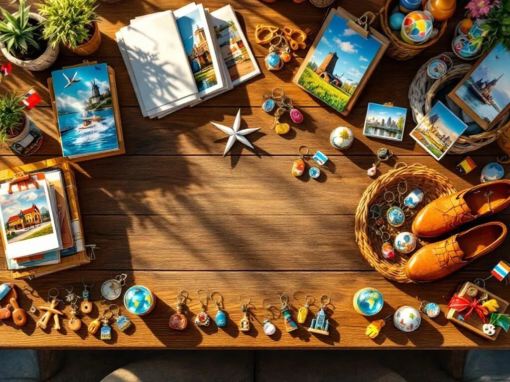 Houten souvenirwinkeltafel met toeristische items: ansichtkaarten, klompen, molentjes, sleutelhangers en sneeuwbollen