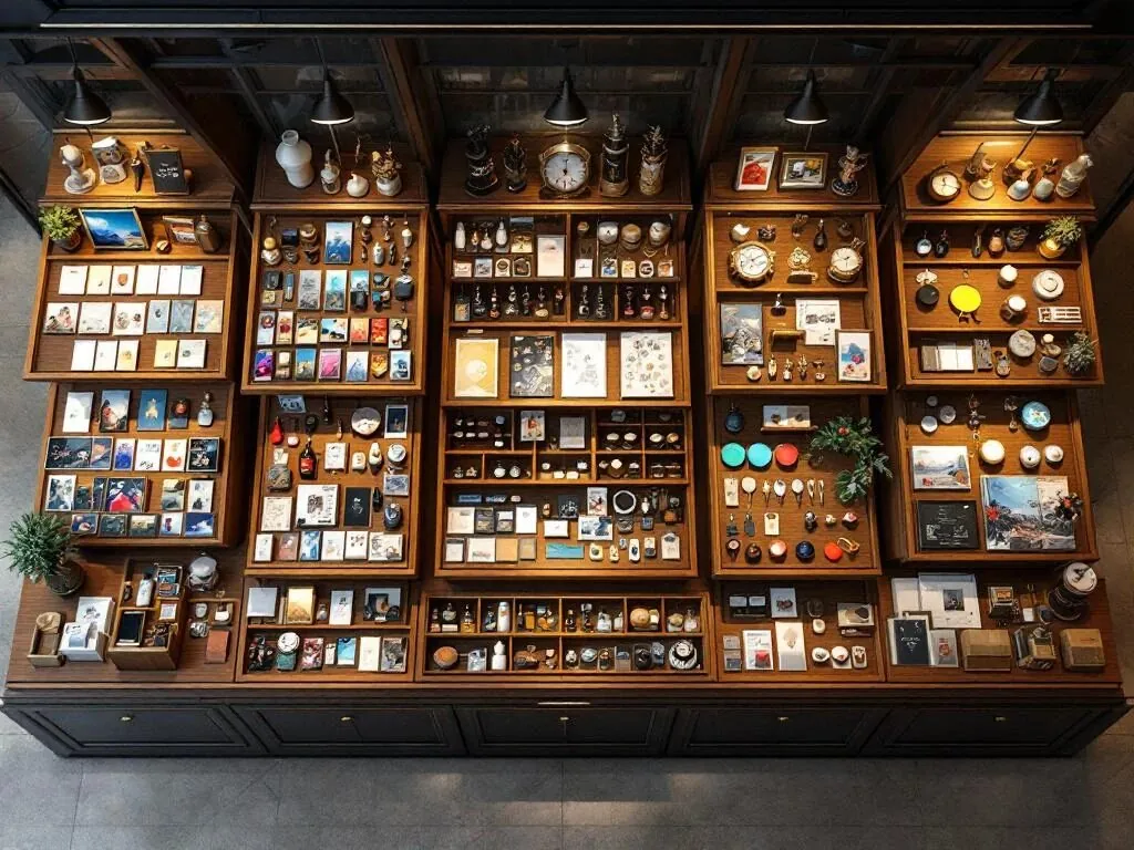 Elegante winkelcounter met zorgvuldig uitgestalde souvenircollectie op houten displays, bovenaanzicht