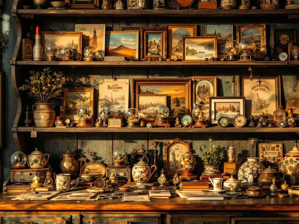 Vintage souvenircollectie op houten planken met antieke ansichtkaarten, sneeuwbollen, reispins en keramische beeldjes